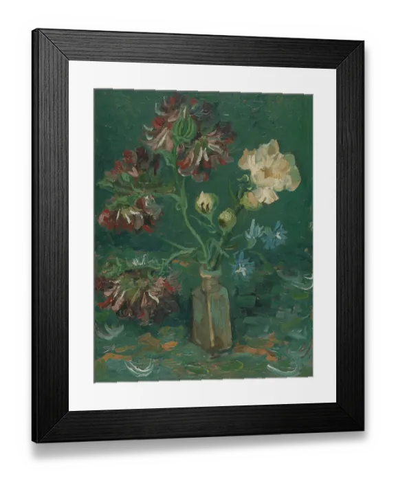 Framed Print : Bottle With Peonies And Blue Delphiniums Framed Print : Bottle With Peonies And Blue Delphiniums