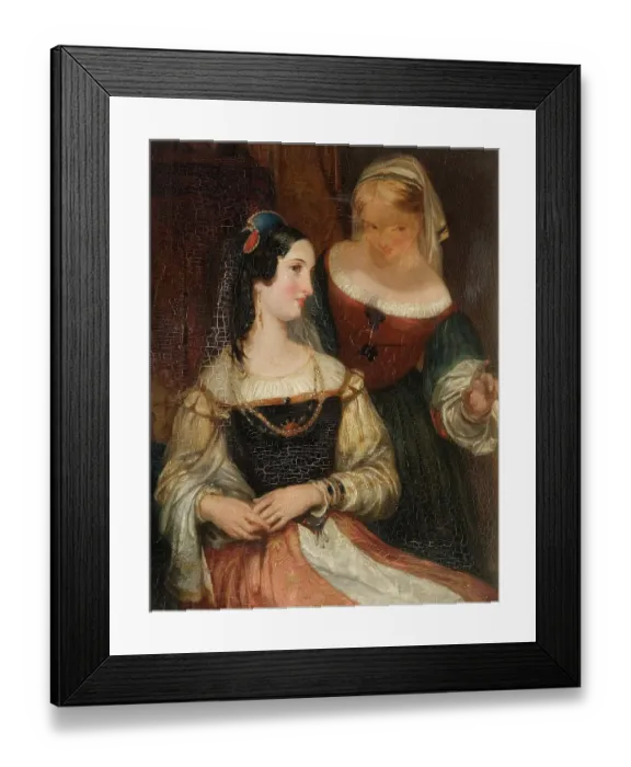 Framed Print : Francesca. Oil painting showing two young women, One woman is sitting Framed Print : Francesca. Oil painting showing two young women, One woman is sitting