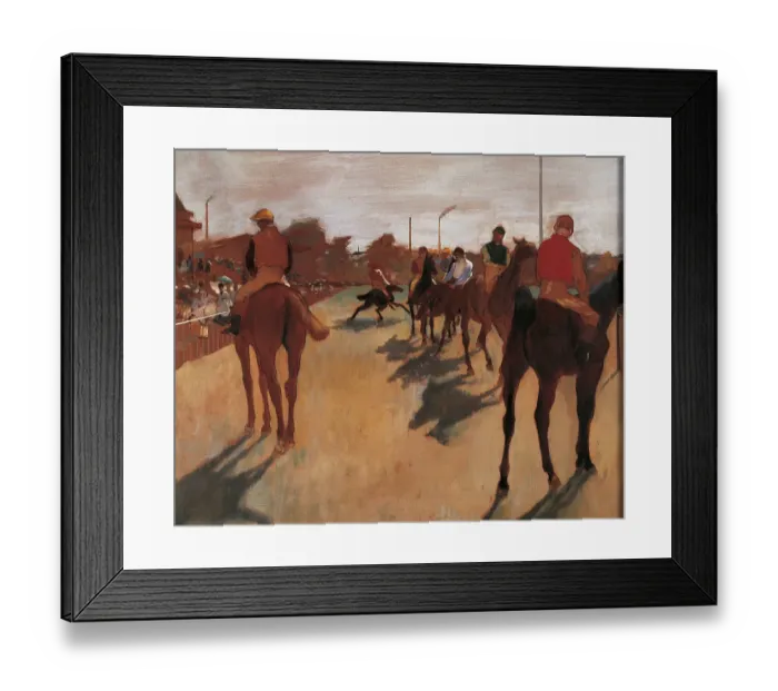 Framed Print : Race Horses in Front of Stands, by Edgar Degas, 1866 - 1868, 19th Century, oil on canvas, 46 x 81 cm Framed Print : Race Horses in Front of Stands, by Edgar Degas, 1866 - 1868, 19th Century, oil on canvas, 46 x 81 cm
