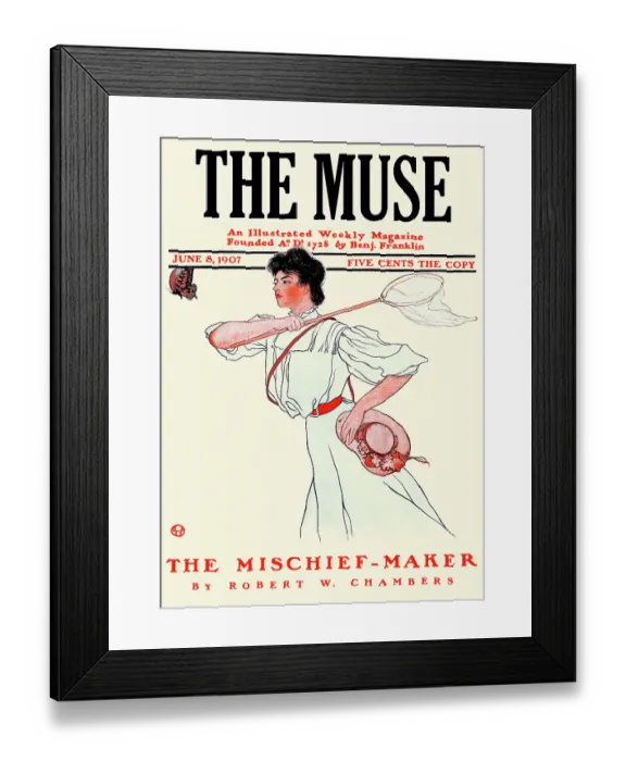 Framed Print : The Muse. A woman stands about to capture a butterfly in a net, 1907 Framed Print : The Muse. A woman stands about to capture a butterfly in a net, 1907