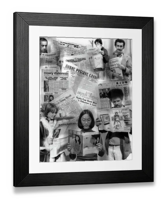 Framed Print : Photo Montage of Diverse New Yorkers Reading Ethnic News in 1970's Framed Print : Photo Montage of Diverse New Yorkers Reading Ethnic News in 1970's