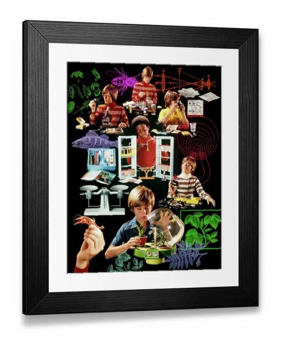 Framed Print : Photo Montage of Kids Science Lab in the 1970's Framed Print : Photo Montage of Kids Science Lab in the 1970's