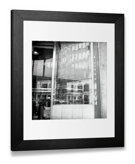 Framed Print : Buildings Reflected In Restaurant Window in 1950's Midtown NYC Framed Print : Buildings Reflected In Restaurant Window in 1950's Midtown NYC