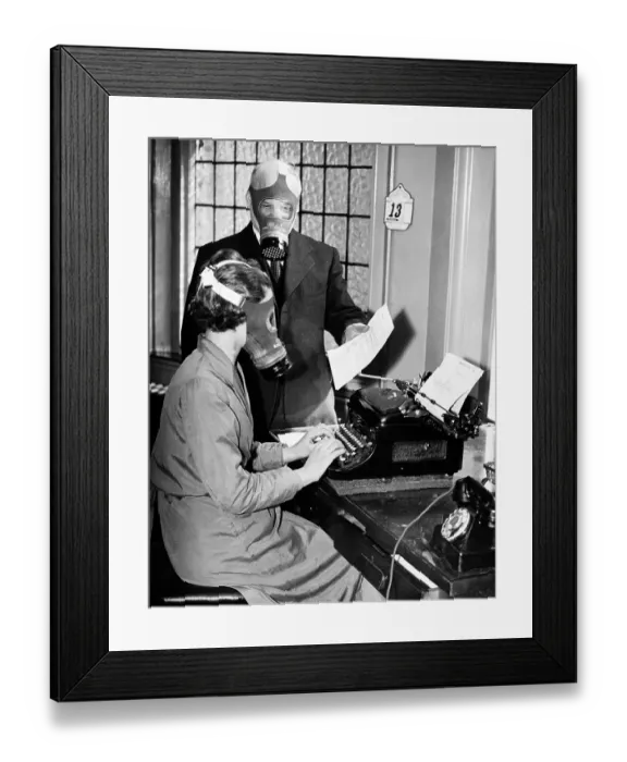 Framed Print : Office workers wearing gas masks (B&W)