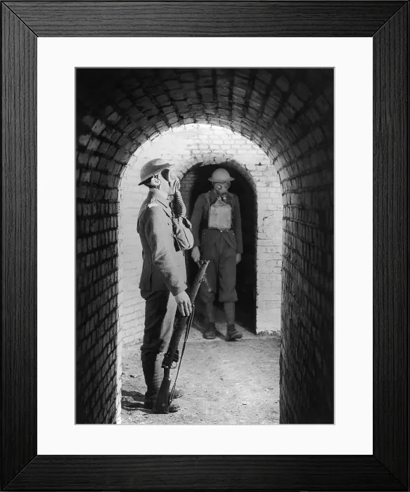 Framed Print : At Ease. circa 1916: A British officer wearing a gas mask Framed Print : At Ease. circa 1916: A British officer wearing a gas mask
