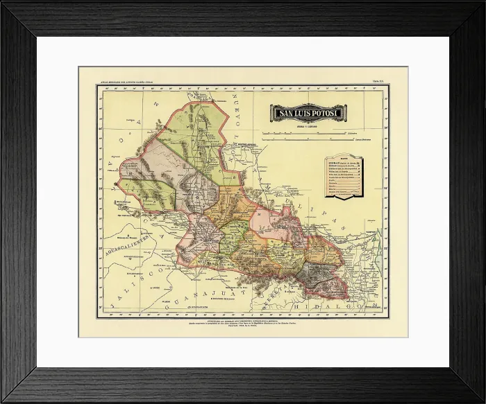 Framed Print : Historical Map of the Country of Mexico, Published in 1885. Estados Unidos Mexicanos, San Luis Potosi Framed Print : Historical Map of the Country of Mexico, Published in 1885. Estados Unidos Mexicanos, San Luis Potosi