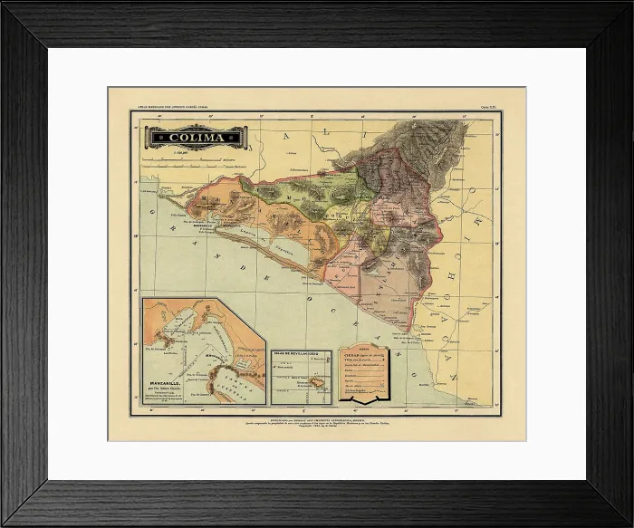 Framed Print : Historical Map of the Country of Mexico, Published in 1885. Estados Unidos Mexicanos, Colima Framed Print : Historical Map of the Country of Mexico, Published in 1885. Estados Unidos Mexicanos, Colima