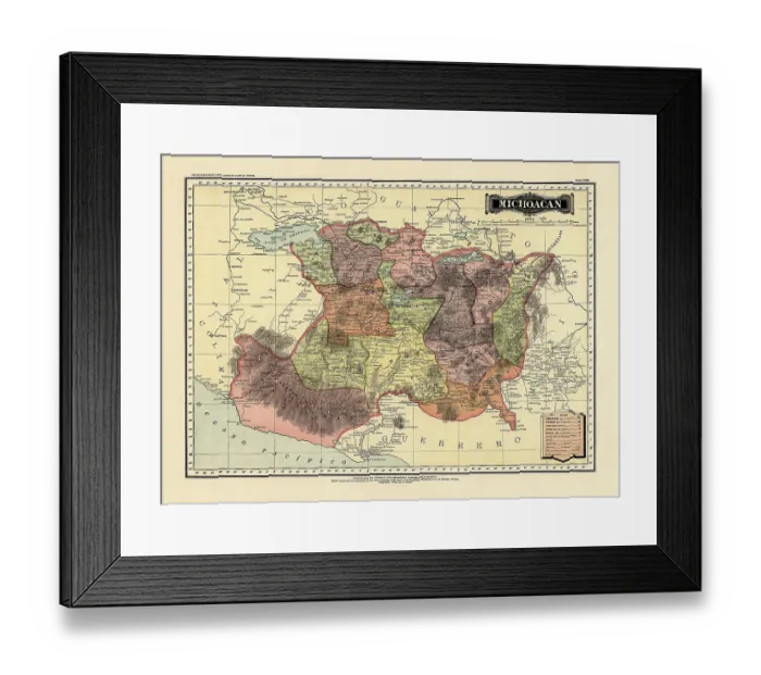 Framed Print : Historical Map of the Country of Mexico, Published in 1885. Estados Unidos Mexicanos, Michoacan Framed Print : Historical Map of the Country of Mexico, Published in 1885. Estados Unidos Mexicanos, Michoacan