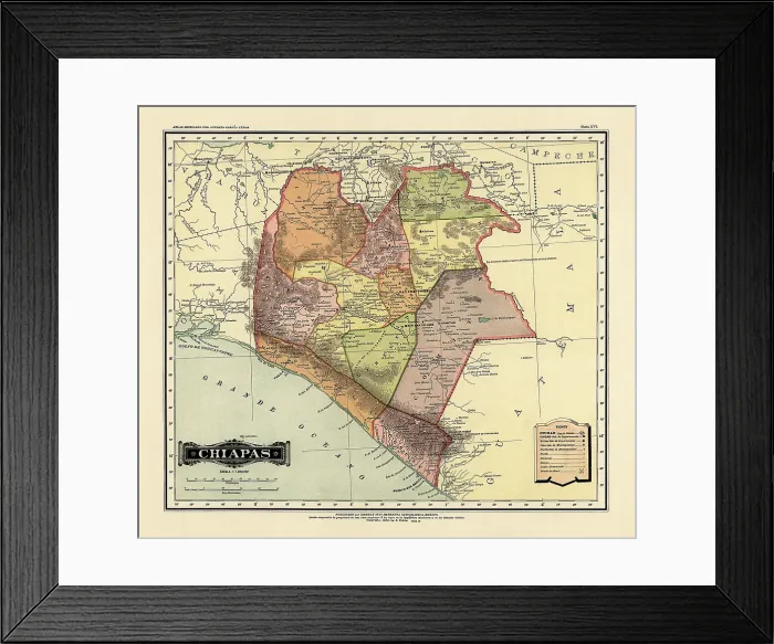 Framed Print : Historical Map of the Country of Mexico, Published in 1885. Estados Unidos Mexicanos, Chiapas Framed Print : Historical Map of the Country of Mexico, Published in 1885. Estados Unidos Mexicanos, Chiapas