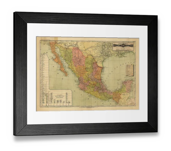 Framed Print : Historical Map of the Country of Mexico, Published in 1885. Estados Unidos Mexicanos Framed Print : Historical Map of the Country of Mexico, Published in 1885. Estados Unidos Mexicanos