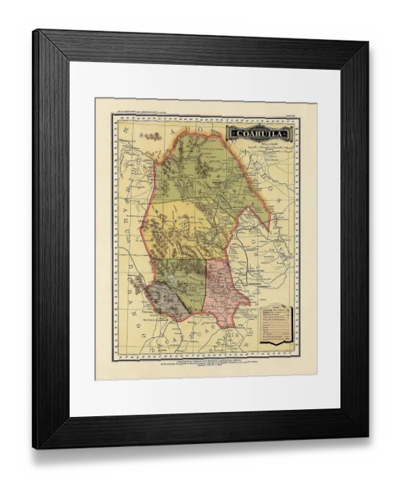 Framed Print : Historical Map of the Country of Mexico, Published in 1885. Estados Unidos Mexicanos, Coahuila Framed Print : Historical Map of the Country of Mexico, Published in 1885. Estados Unidos Mexicanos, Coahuila