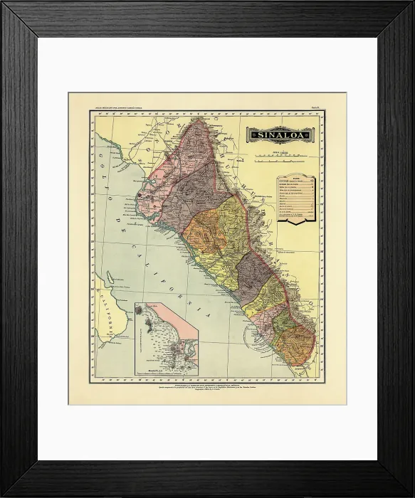 Framed Print : Historical Map of the Country of Mexico, Published in 1885. Estados Unidos Mexicanos, Sinaloa Framed Print : Historical Map of the Country of Mexico, Published in 1885. Estados Unidos Mexicanos, Sinaloa