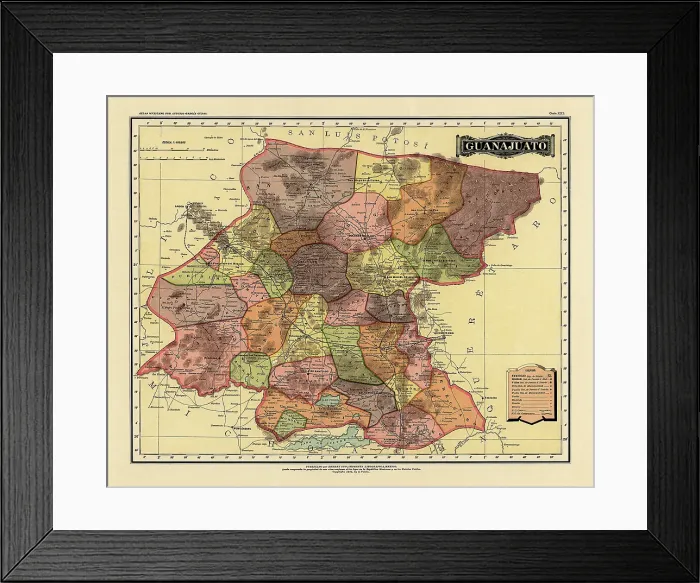 Framed Print : Historical Map of the Country of Mexico, Published in 1885. Estados Unidos Mexicanos, Guanajuato Framed Print : Historical Map of the Country of Mexico, Published in 1885. Estados Unidos Mexicanos, Guanajuato