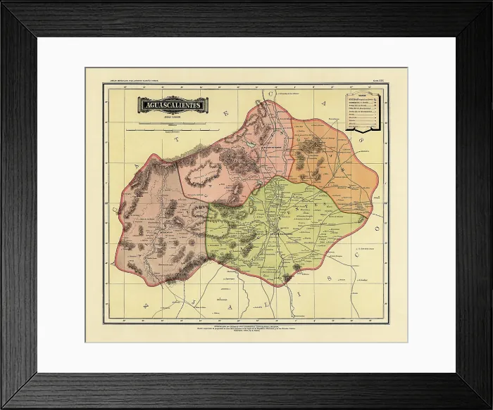 Framed Print : Historical Map of the Country of Mexico, Published in 1885. Estados Unidos Mexicanos, Aguascalientes Framed Print : Historical Map of the Country of Mexico, Published in 1885. Estados Unidos Mexicanos, Aguascalientes