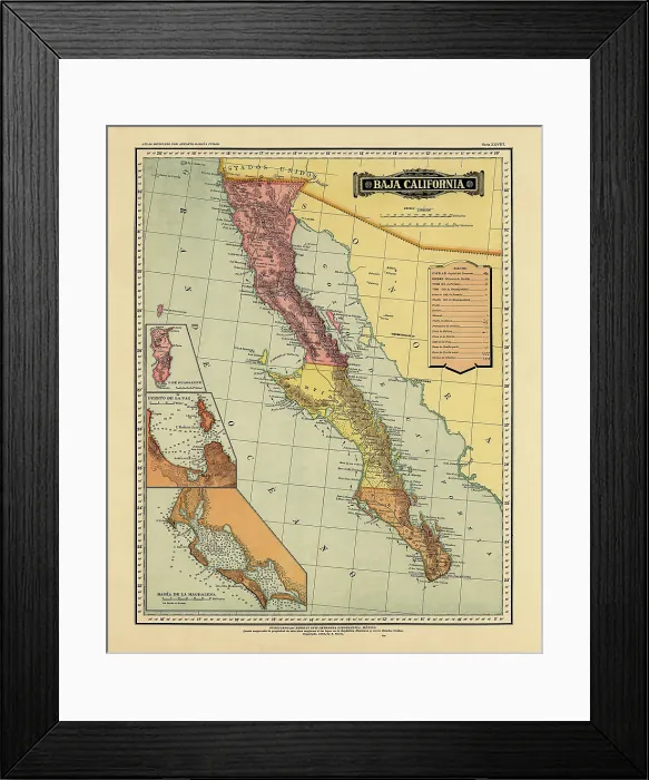 Framed Print : Historical Map of the Country of Mexico, Published in 1885. Estados Unidos Mexicanos, Baja California Framed Print : Historical Map of the Country of Mexico, Published in 1885. Estados Unidos Mexicanos, Baja California