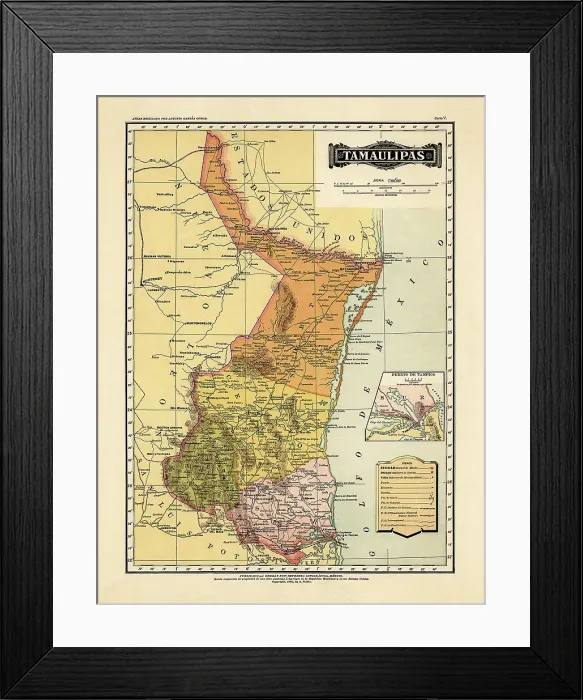 Framed Print : Historical Map of the Country of Mexico, Published in 1885. Estados Unidos Mexicanos, Tamaulipas Framed Print : Historical Map of the Country of Mexico, Published in 1885. Estados Unidos Mexicanos, Tamaulipas