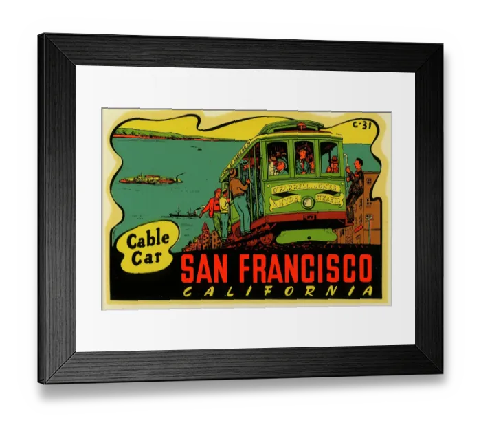 Framed Print : Cable Car. USA - 1955: A decal of a cable car in San Francisco, California Framed Print : Cable Car. USA - 1955: A decal of a cable car in San Francisco, California