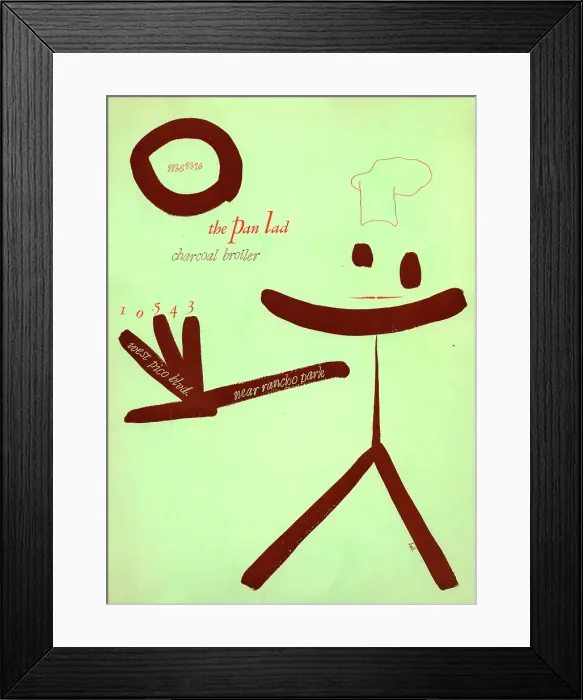 Framed Print : Pan Lad. USA - 1952: A menu for The Pan Lad reads The Pan Lad Charcoal Broiler Framed Print : Pan Lad. USA - 1952: A menu for The Pan Lad reads The Pan Lad Charcoal Broiler