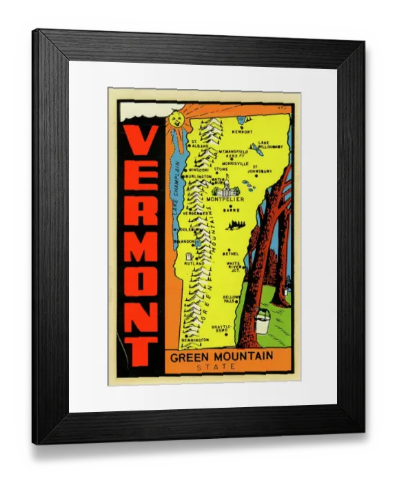 Framed Print : Vermont. USA - 1960: A decal for Green Mountain State in Vermont from 1960 in USA