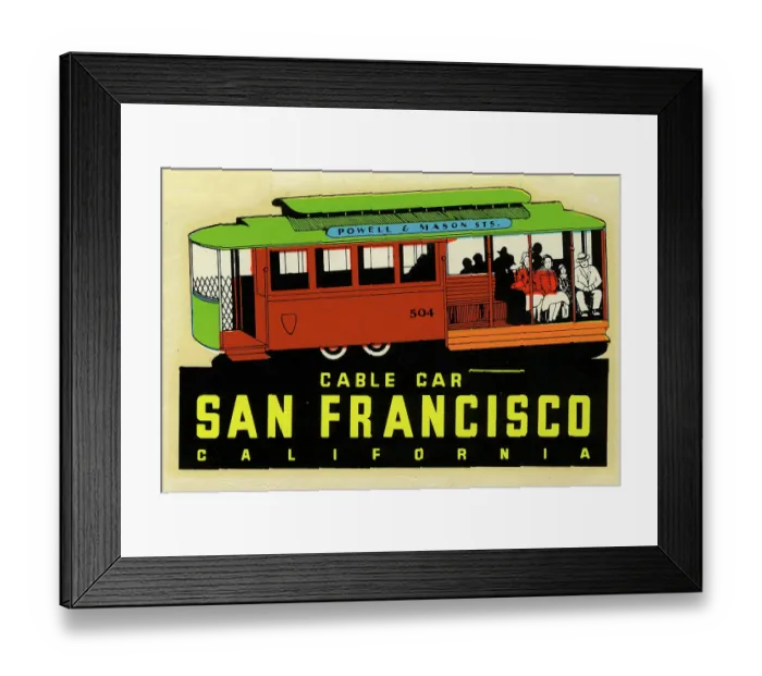 Framed Print : Cable Car. USA - 1958: A decal of a cable car in San Francisco from 1958 in USA Framed Print : Cable Car. USA - 1958: A decal of a cable car in San Francisco from 1958 in USA