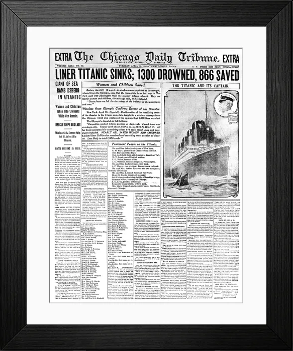 Framed Print : Chicago Daily Tribune Headlining the Titanic Disaster Framed Print : Chicago Daily Tribune Headlining the Titanic Disaster