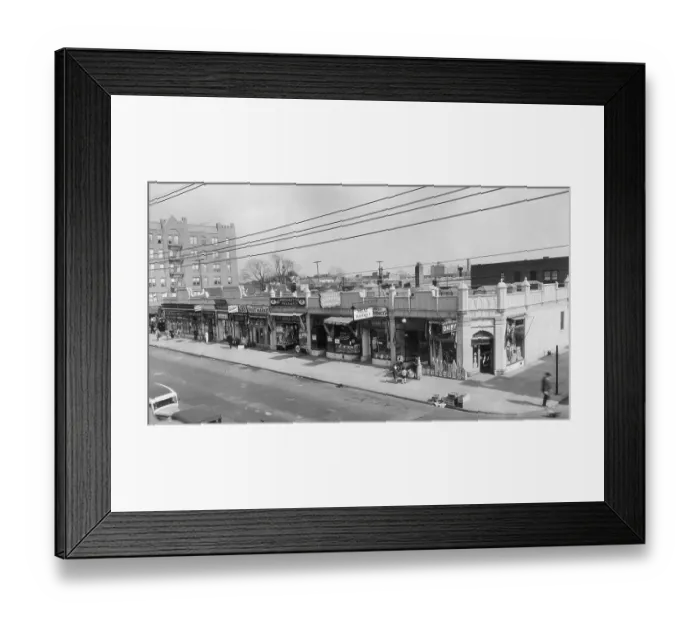 Framed Print : Queens. circa 1935: High-angle view of a row of storefronts in Jackson Heights Framed Print : Queens. circa 1935: High-angle view of a row of storefronts in Jackson Heights