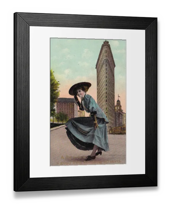 Framed Print : Vintage souvenir postcard, Woman before Flatiron Building, 1909 Framed Print : Vintage souvenir postcard, Woman before Flatiron Building, 1909