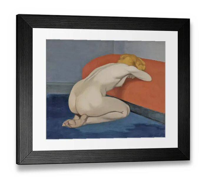Framed Print : Naked woman kneeling in front of a red couch, 1915 Framed Print : Naked woman kneeling in front of a red couch, 1915