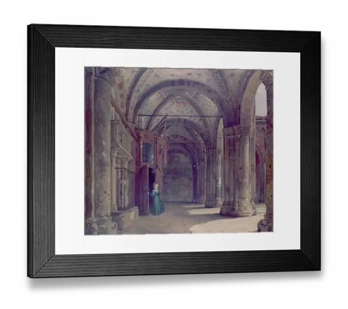 Framed Print : Atrium of Sant'Ambrose, the porch of the narthex (Atrio di Sant'Ambrogio, il portico del nartece), by Luigi Bisi, 1840, 19th Century, oil on canvas, 31, 5 x 36 cm