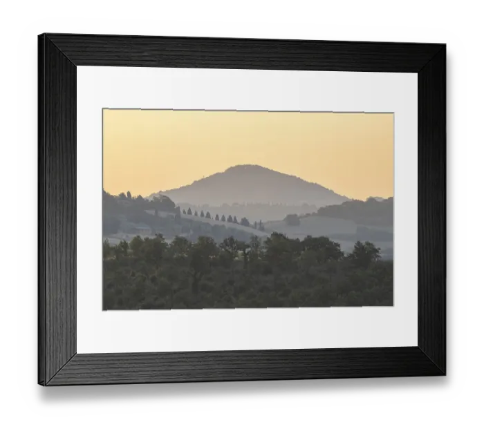 Framed Print : Typical Tuscan landscape in Val d'Orcia with hills, trees, fields, farmhouses and cypresses at sunrise in summer, Tuscany, Italy, Europe