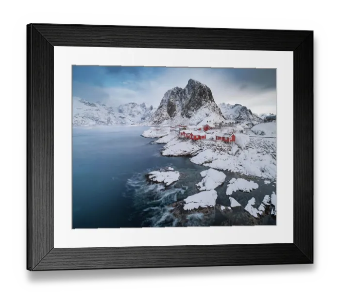 Framed Print : Rorbuer fishermen's cabins on the snowy fjord, village view of the fishing village Hamnoy, Hamnoeya, Moskenesoey, Nordland, Lofoten, Norway Framed Print : Rorbuer fishermen's cabins on the snowy fjord, village view of the fishing village Hamnoy, Hamnoeya, Moskenesoey, Nordland, Lofoten, Norway