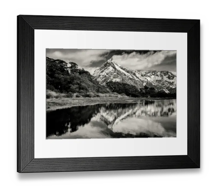 Framed Print : Mountains reflecting in remote lake, Key Summit, Southland, New Zealand Framed Print : Mountains reflecting in remote lake, Key Summit, Southland, New Zealand