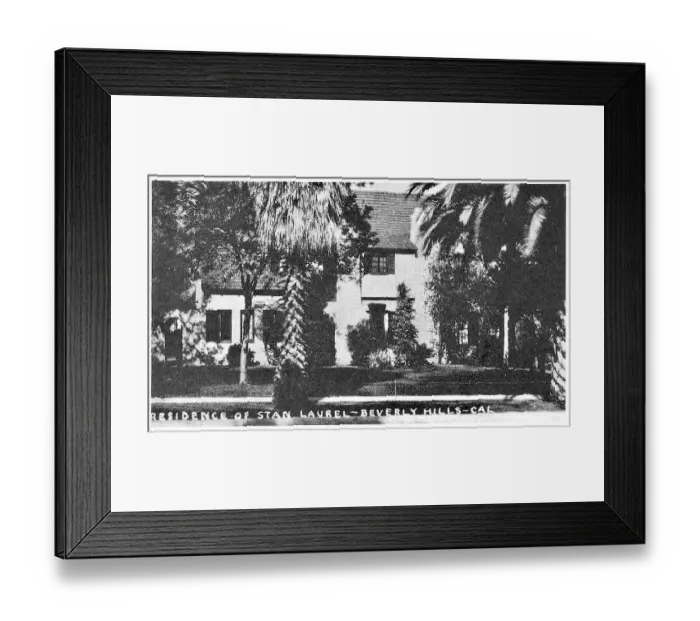 Framed Print : Vintage souvenir postcard, Stan Laurel's Home, Hollywood Homes series, ca 1938 Framed Print : Vintage souvenir postcard, Stan Laurel's Home, Hollywood Homes series, ca 1938