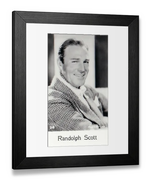 Framed Print : Randolph Scott, Film Stars series, collectible C T Bridgewater cigarette card, 1940 Framed Print : Randolph Scott, Film Stars series, collectible C T Bridgewater cigarette card, 1940