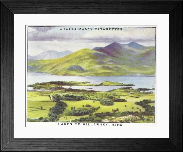 Framed Print : Vintage tobacco card, Lakes of Killarney, Ireland, Wings Over the Empire series, Churchman's Cigarettes, 1939 Framed Print : Vintage tobacco card, Lakes of Killarney, Ireland, Wings Over the Empire series, Churchman's Cigarettes, 1939