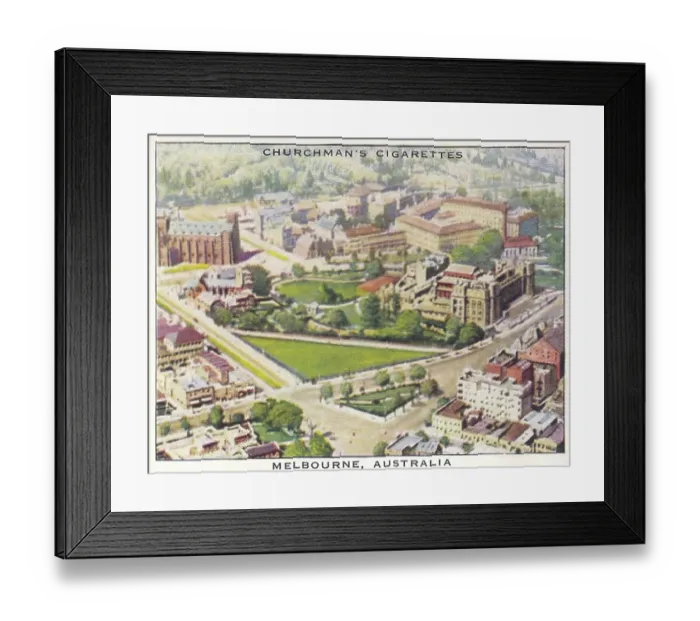 Framed Print : Vintage tobacco card, Melbourne, Australia, Wings Over the Empire series, Churchman's Cigarettes, 1939 Framed Print : Vintage tobacco card, Melbourne, Australia, Wings Over the Empire series, Churchman's Cigarettes, 1939