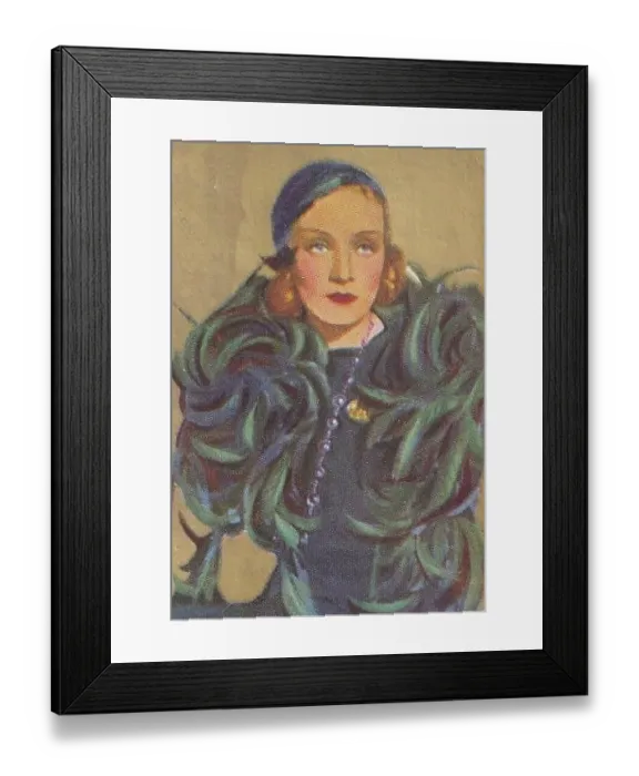 Framed Print : Marlene Dietrich, Movie Stars series, collectible cigarette card, 1934 Framed Print : Marlene Dietrich, Movie Stars series, collectible cigarette card, 1934