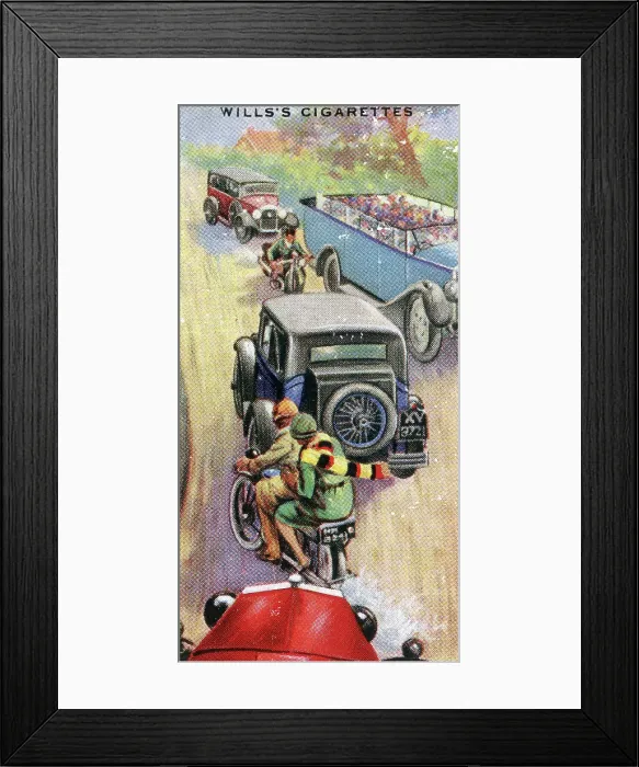 Framed Print : Motorcycle Safety, Safety First series, collectible tobacco card, 1934 Framed Print : Motorcycle Safety, Safety First series, collectible tobacco card, 1934