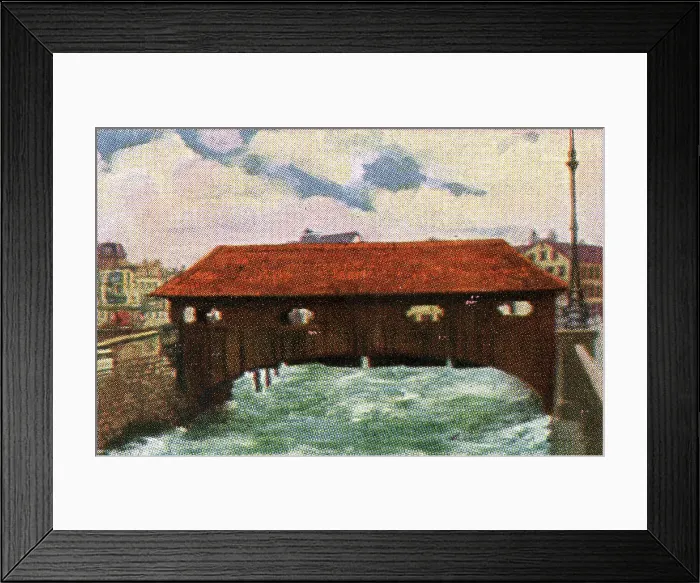 Framed Print : Collectible tobacco card, Covered Bridge, Zurich, Manoli Cigarettes, 1927