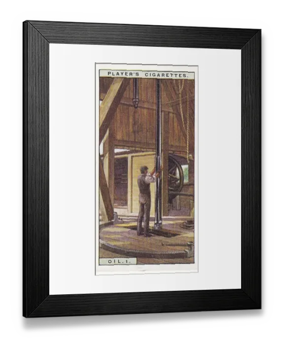 Framed Print : Vintage tobacco card, Oil Industry, Boring for Oil, United States, Products of the World series, Player's Cigarettes, 1928 Framed Print : Vintage tobacco card, Oil Industry, Boring for Oil, United States, Products of the World series, Player's Cigarettes, 1928