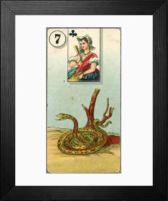 Framed Print : Seven of Clubs, Snake, Fortune Telling series, full deck of playing cards, Carreras Ltd Tobacco, 1926 Framed Print : Seven of Clubs, Snake, Fortune Telling series, full deck of playing cards, Carreras Ltd Tobacco, 1926