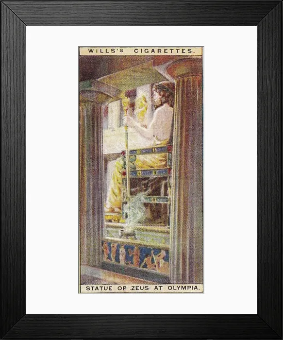 Framed Print : Vintage tobacco card, Zeus at Olympia, Wonders of the Past series, H O Wills Cigarettes, 1926 Framed Print : Vintage tobacco card, Zeus at Olympia, Wonders of the Past series, H O Wills Cigarettes, 1926