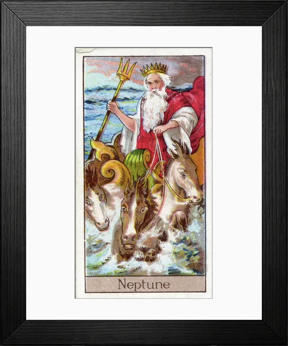 Framed Print : Neptune, Vintage Cigarette Card, Mythological Gods and Goddesses series, 1924 Framed Print : Neptune, Vintage Cigarette Card, Mythological Gods and Goddesses series, 1924