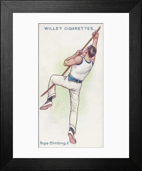Framed Print : Collectible cigarette card, Rope Climbing Exercise, Physical Culture series, 1914 Framed Print : Collectible cigarette card, Rope Climbing Exercise, Physical Culture series, 1914