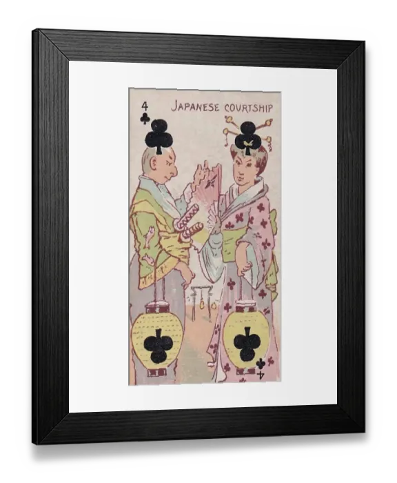 Framed Print : Four of Clubs, Japanese Courtship, Vintage Harlequin Playing Card, Kinney Tobacco, 1888 Framed Print : Four of Clubs, Japanese Courtship, Vintage Harlequin Playing Card, Kinney Tobacco, 1888
