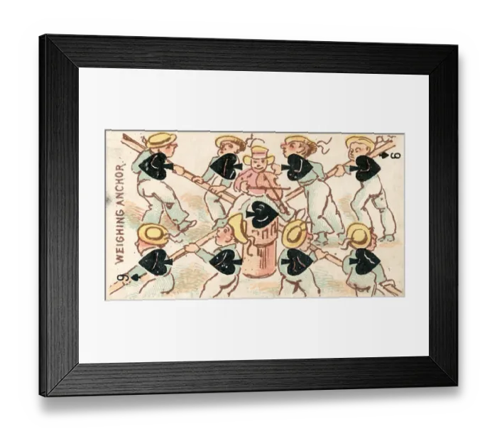 Framed Print : Nine of Spades, Weighing Anchor, Vintage Harlequin Playing Card and Collectible Tobacco Card, 1888