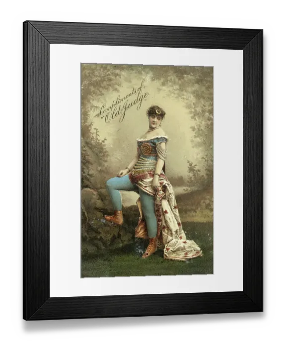Framed Print : Burlesque actress on promotional tobacco card, Old Judge Cigarettes, 1880s Framed Print : Burlesque actress on promotional tobacco card, Old Judge Cigarettes, 1880s