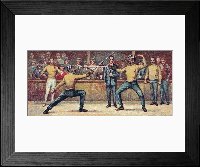 Framed Print : Fencing, Sports Records series, Turf Cigarettes, collectible tobacco card, 1925 Framed Print : Fencing, Sports Records series, Turf Cigarettes, collectible tobacco card, 1925
