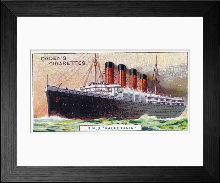 Framed Print : Vintage collectible tobacco card, World's Largest Ship, RMS Mauretania, Ogden's Cigarettes, 1908 Framed Print : Vintage collectible tobacco card, World's Largest Ship, RMS Mauretania, Ogden's Cigarettes, 1908
