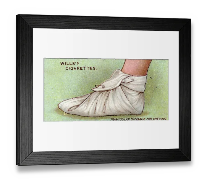 Framed Print : Triangular Bandage on Foot, First Aid series, collectible tobacco card, 1913 Framed Print : Triangular Bandage on Foot, First Aid series, collectible tobacco card, 1913